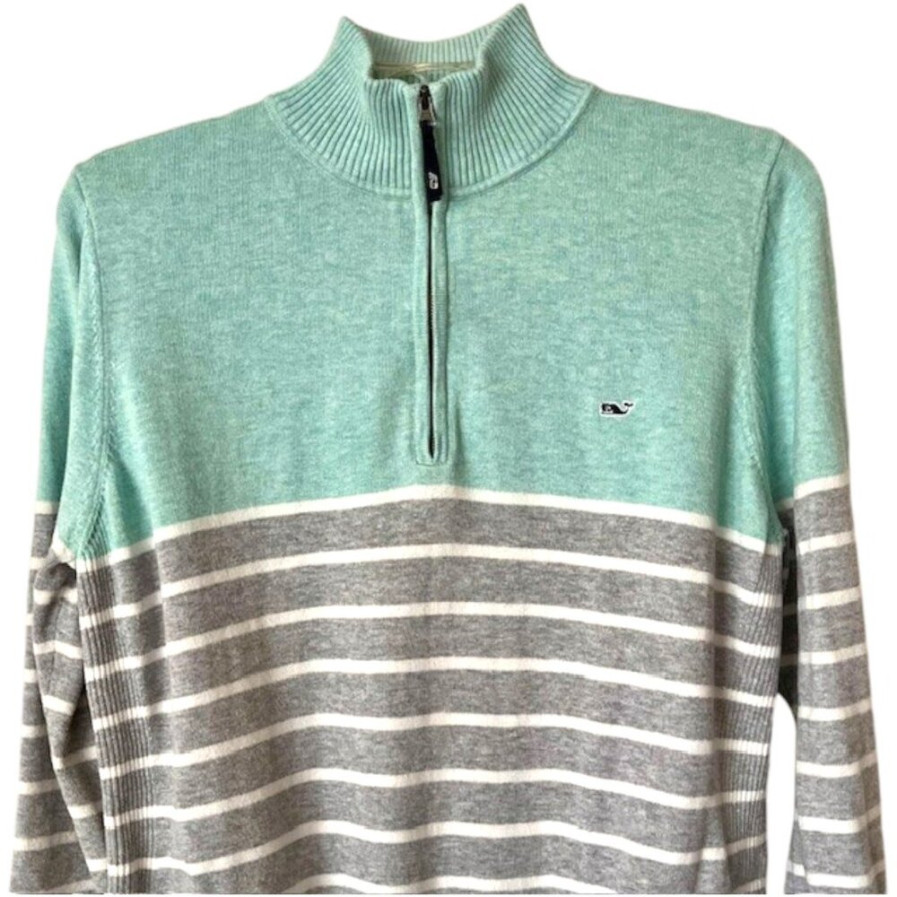Vineyard Vines 1/4 Zip Stripe Knit Sweater - Aqua/Gray Stripe - XL - Picture 4 of 10